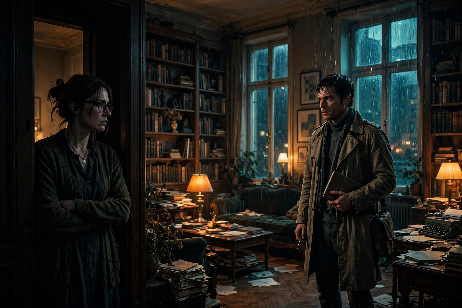 The Trap Netflix key art showing a reclusive author facing a journalist visitor in her dimly lit home