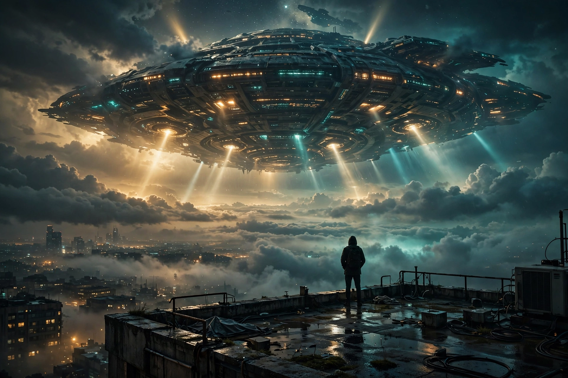 Disclosure Day OTT release streaming guide artwork showing a giant alien mothership hovering over a city at night