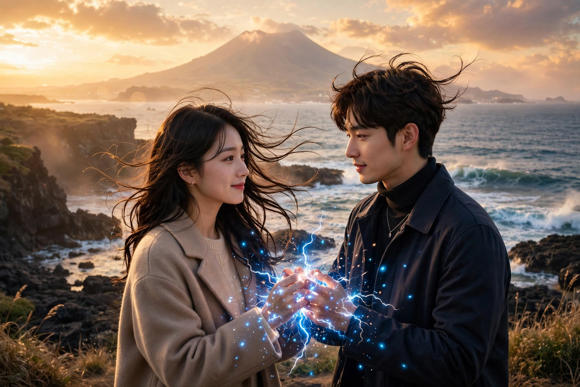 Take Charge of My Heart Netflix K-drama - romantic couple with electric sparks between their hands on the Jeju Island coast
