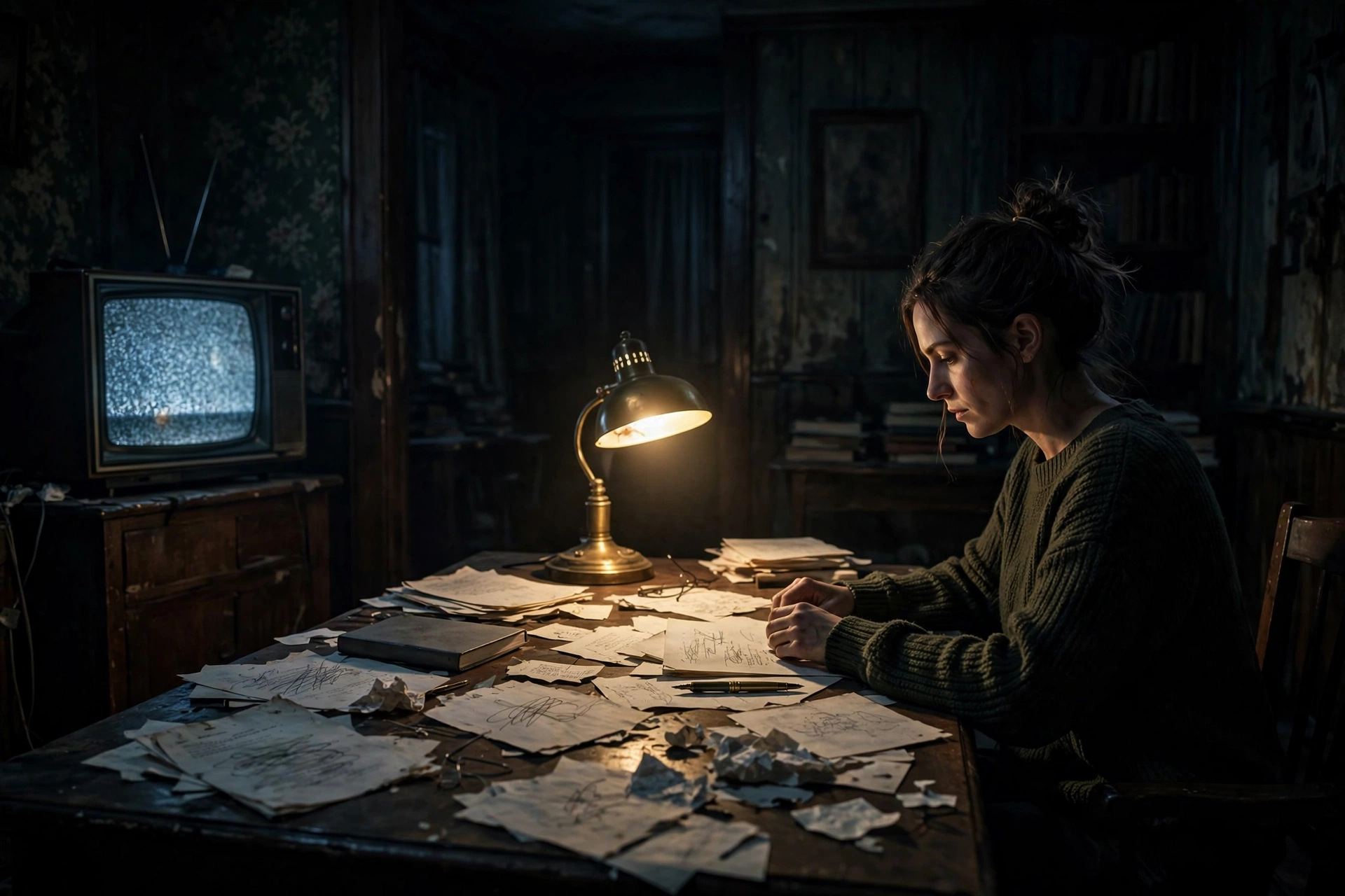 The Trap Netflix artwork showing an author writing alone at night beside a glowing television