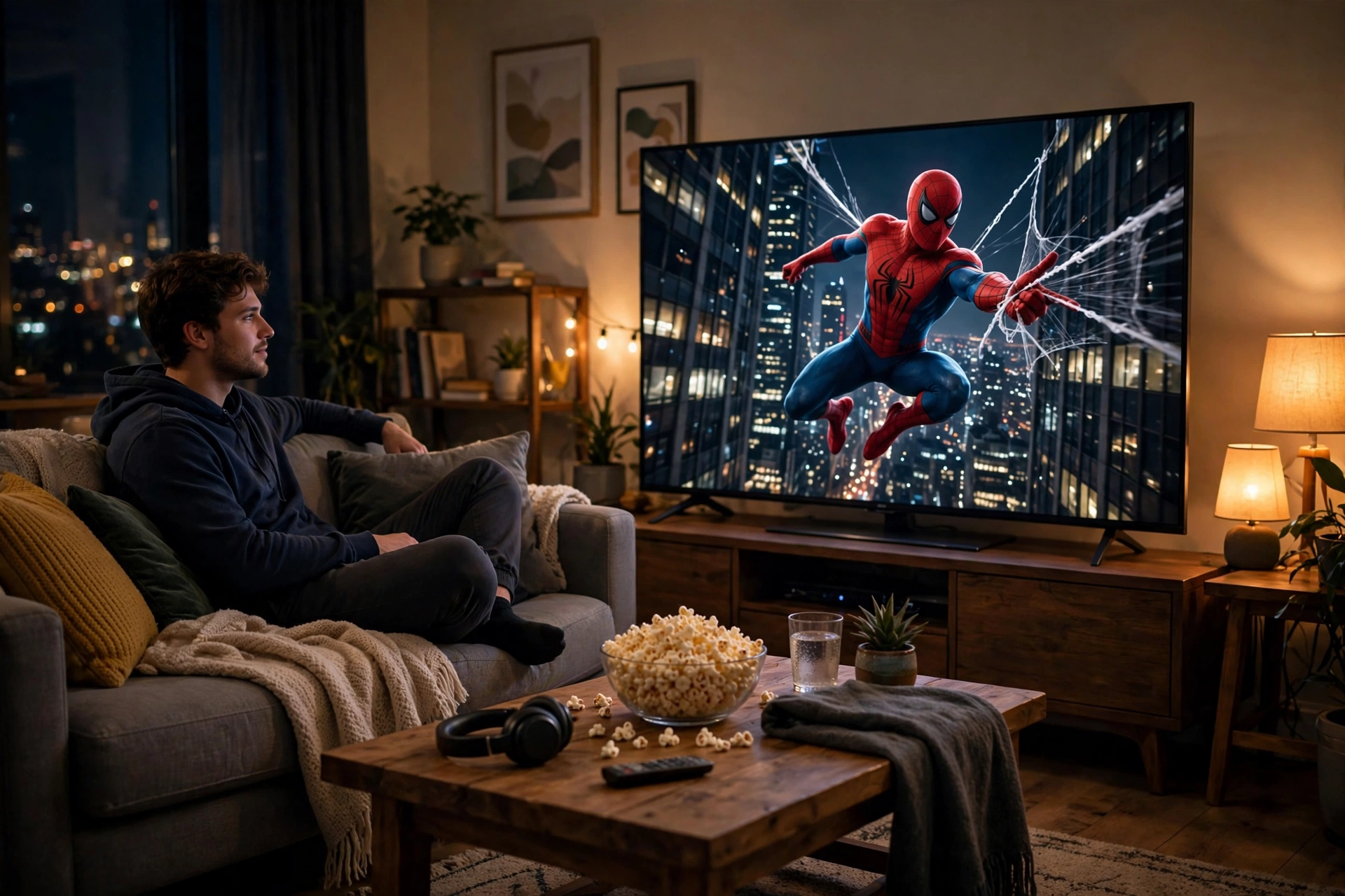 Person watching a superhero movie at home