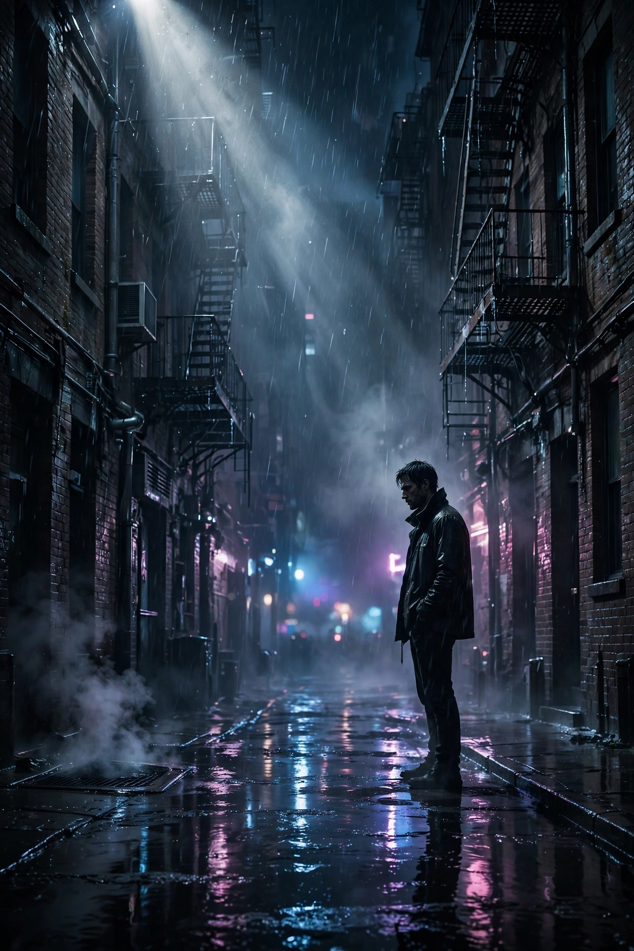 Dexter: Resurrection Season 2 key art lone figure in rain-soaked New York alley at night