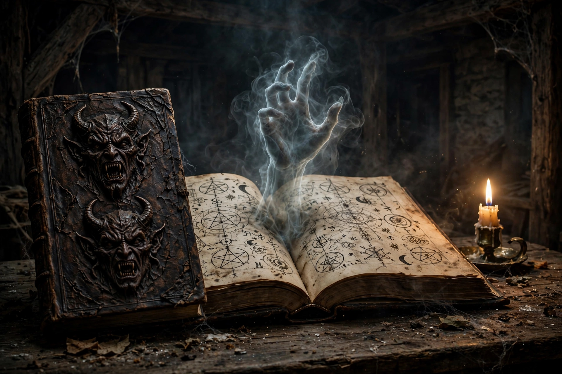 Evil Dead Burn ancient book of the dead in candlelit farmhouse room