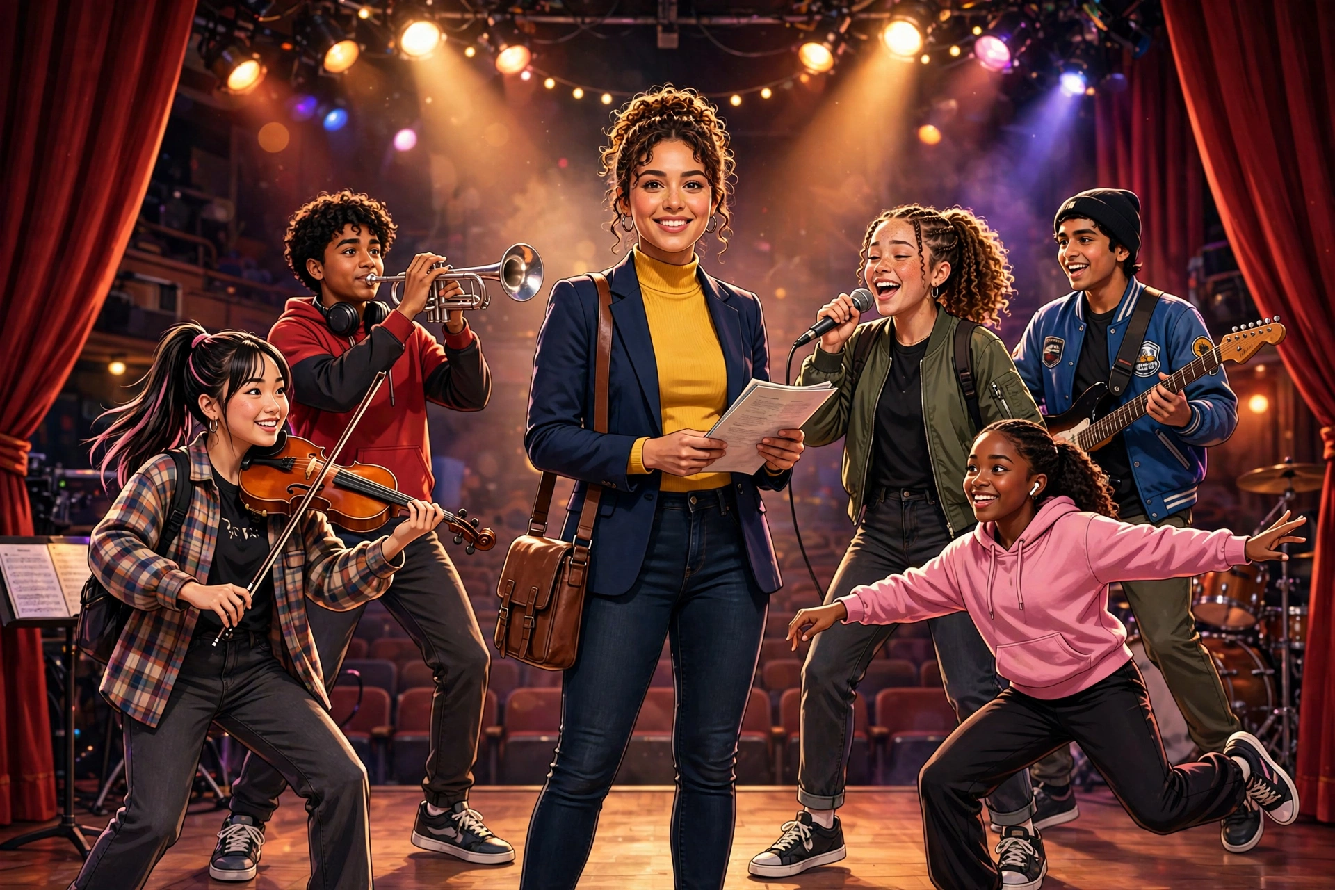 Hollywood Arts Netflix key art showing a teacher with a script and performing arts students on a school stage