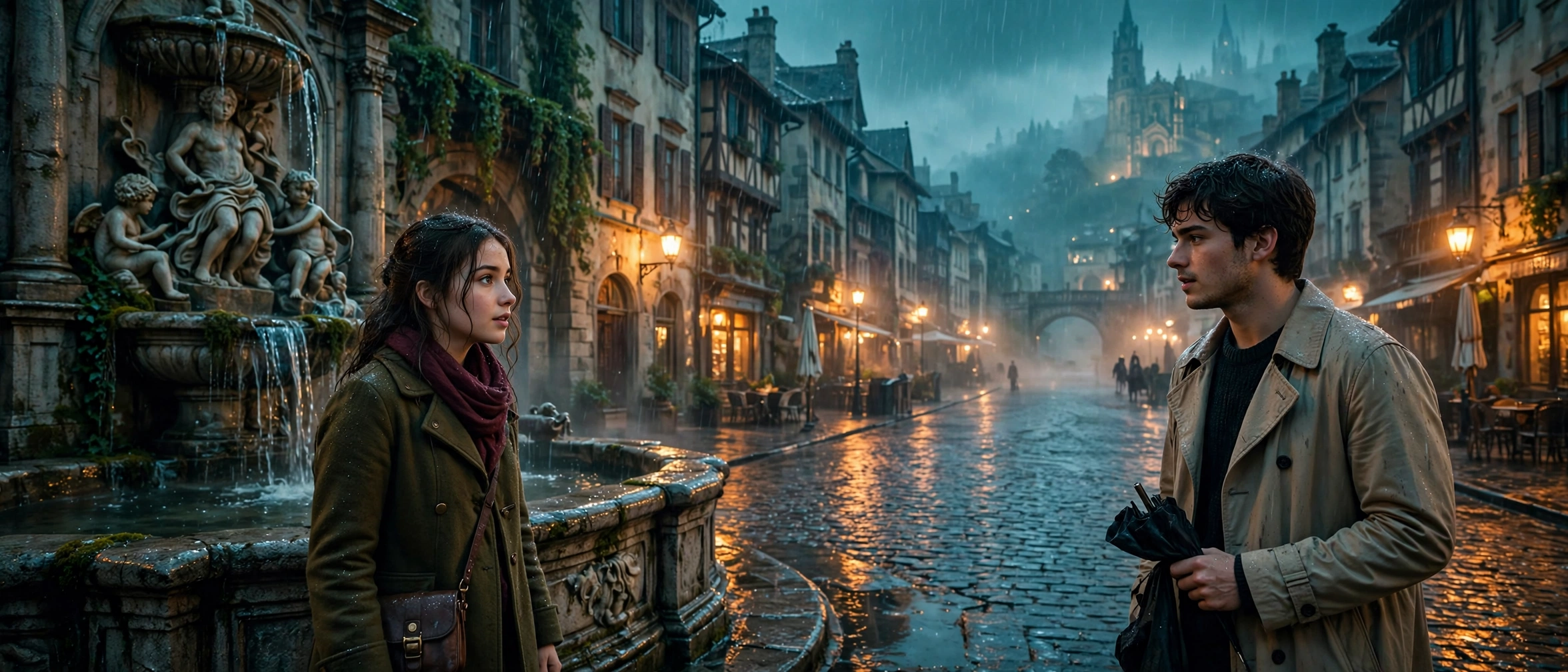 Love of Your Life Prime Video key art showing a couple meeting by an old fountain at night in a rainy European old town