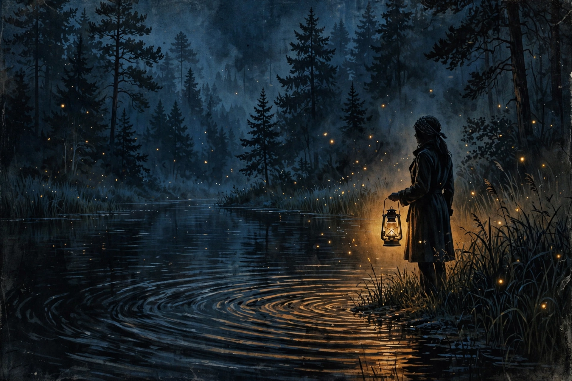 Crystal Lake series artwork showing a woman with a lantern at the edge of a dark lake at night