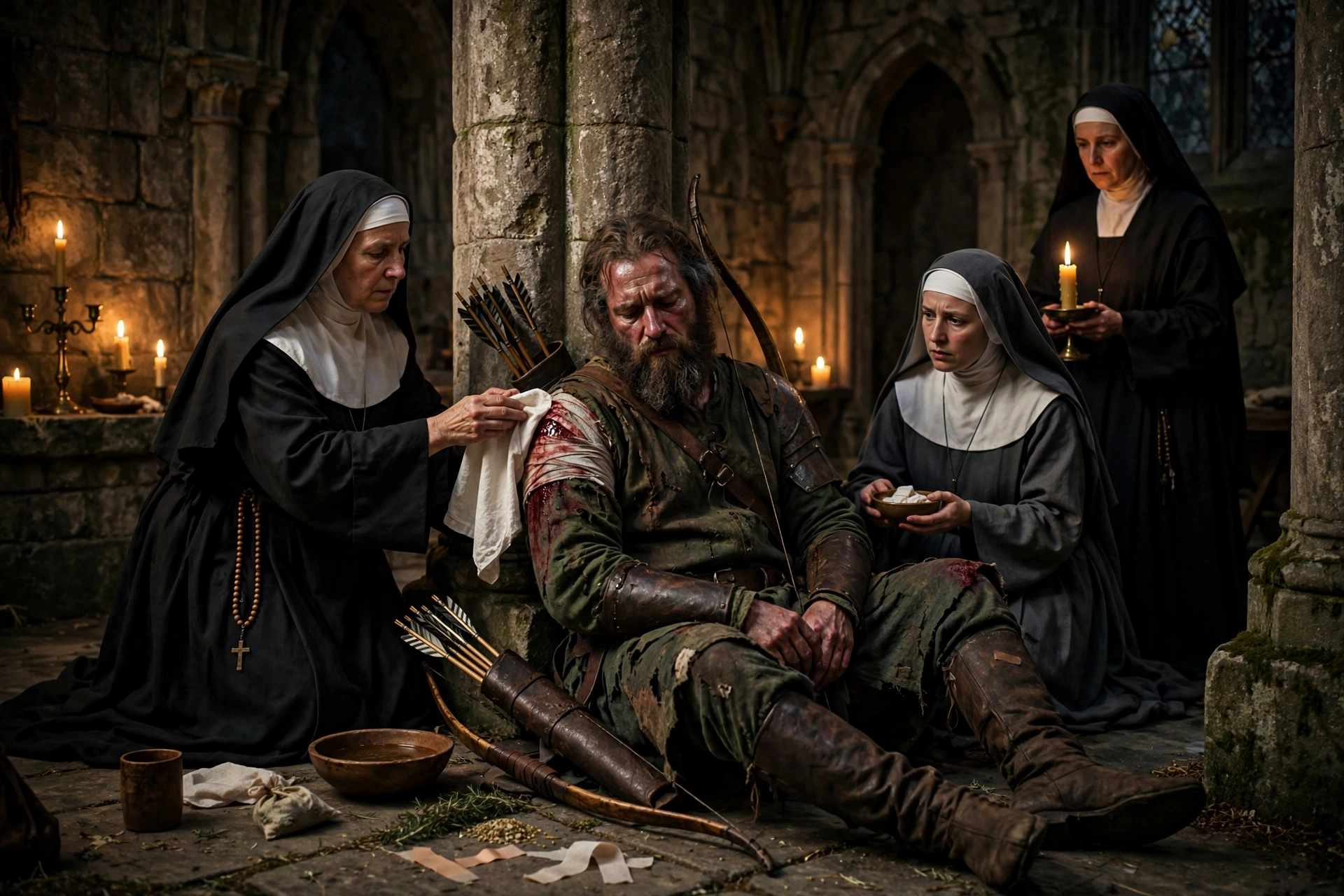 The Death of Robin Hood artwork: wounded archer being tended by nuns in an ancient abbey