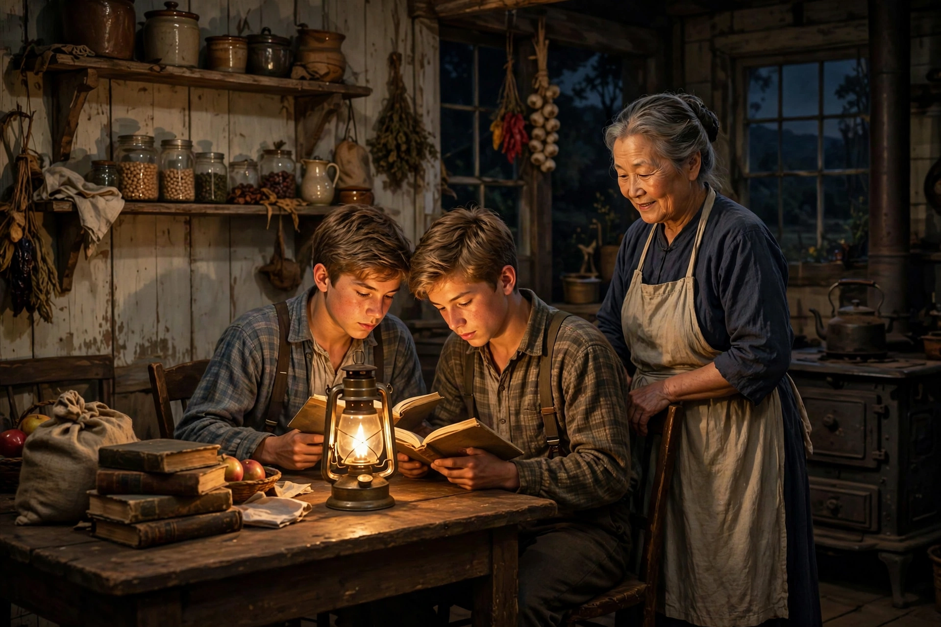 East of Eden Netflix artwork showing the Trask twins reading by lamplight in a farmhouse kitchen