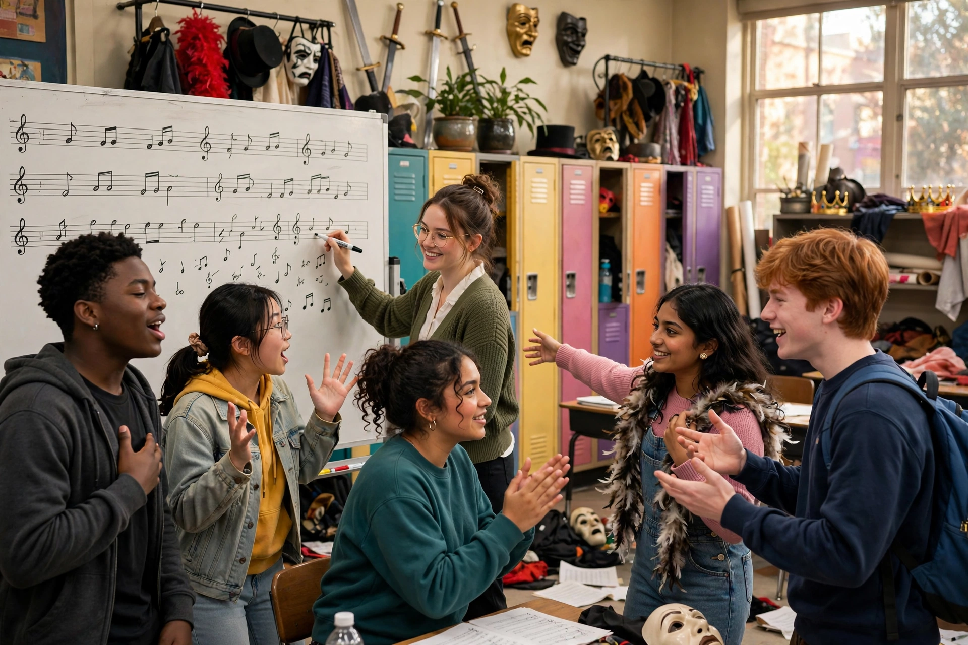 Hollywood Arts Netflix artwork showing a teacher and students rehearsing in a performing arts classroom