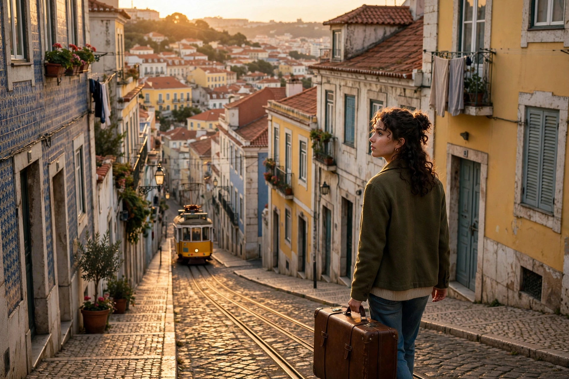 Love of Your Life Prime Video artwork showing a woman with a suitcase on a sunlit Lisbon hillside street with a tram