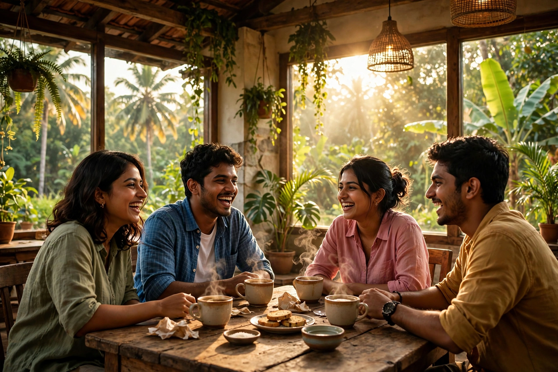 Kappi Squad key art — four friends laughing at a sunlit Kerala café table with coffee cups