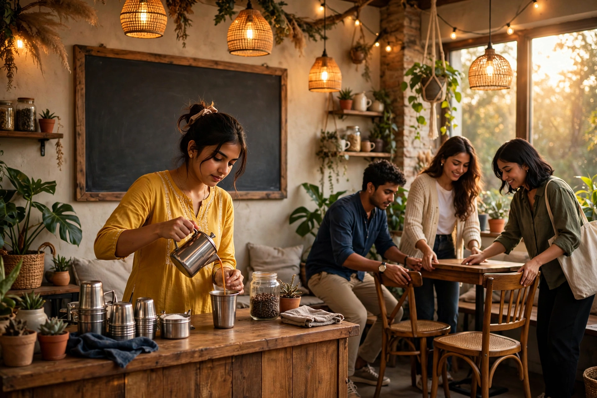 Kappi Squad scene — four friends setting up their new café, pouring filter coffee behind the counter