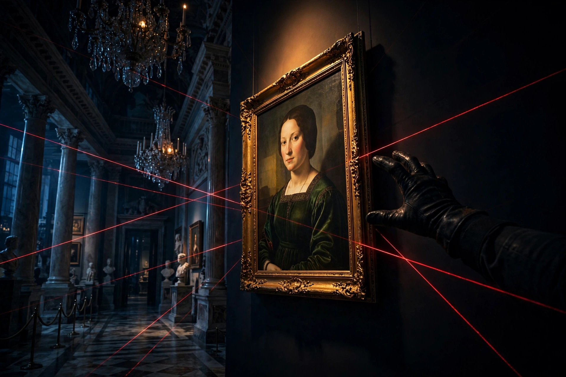 Masterplan key art — thief's gloved hand reaching for a Renaissance portrait in a museum gallery at night amid laser security grids
