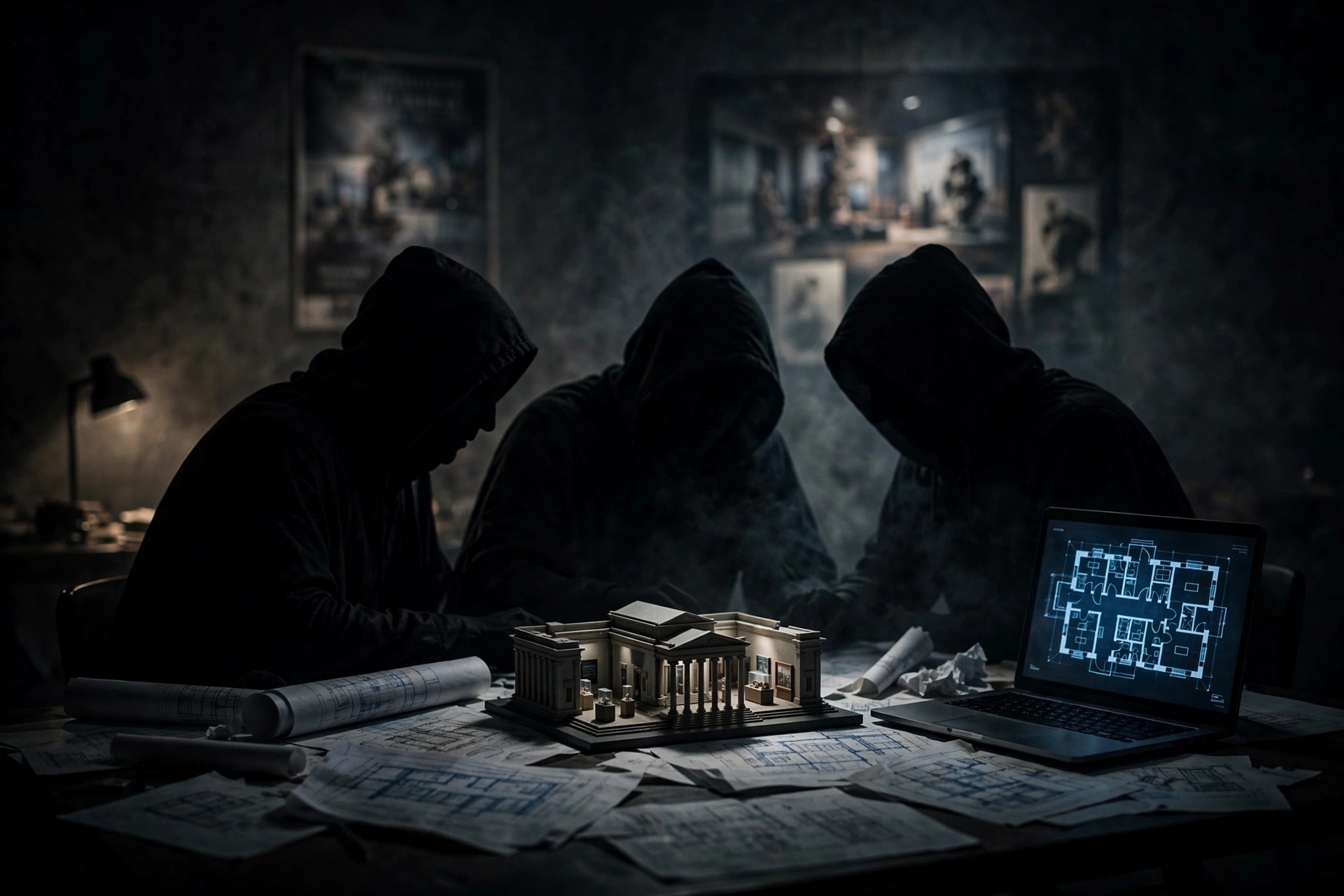 Masterplan film scene — three thieves planning the Mona Lisa museum heist around a table of blueprints