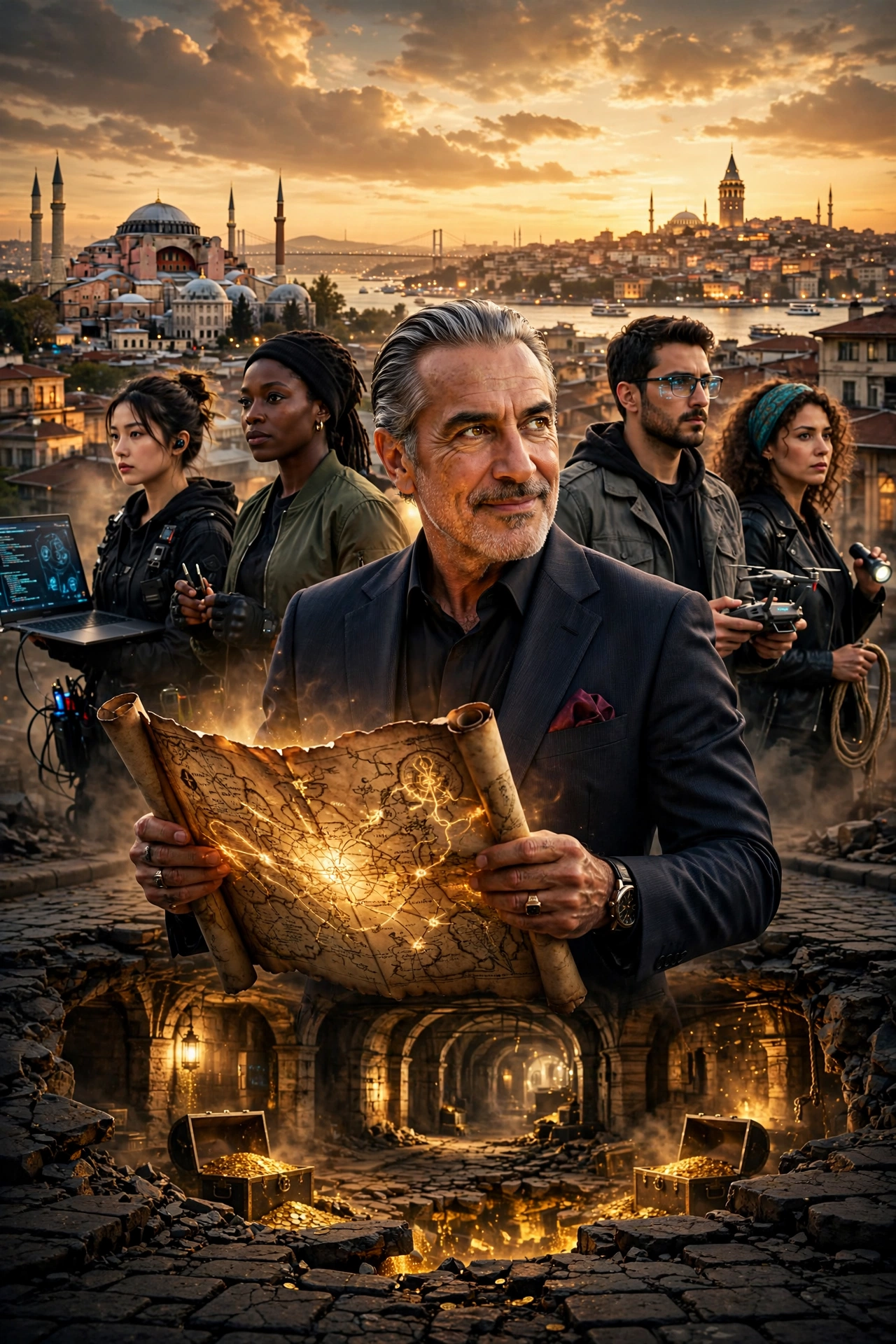 Money Trap The Karun Treasure Netflix series key art — fictional master con artist holding a glowing ancient treasure map with his crew against the Istanbul skyline at sunset