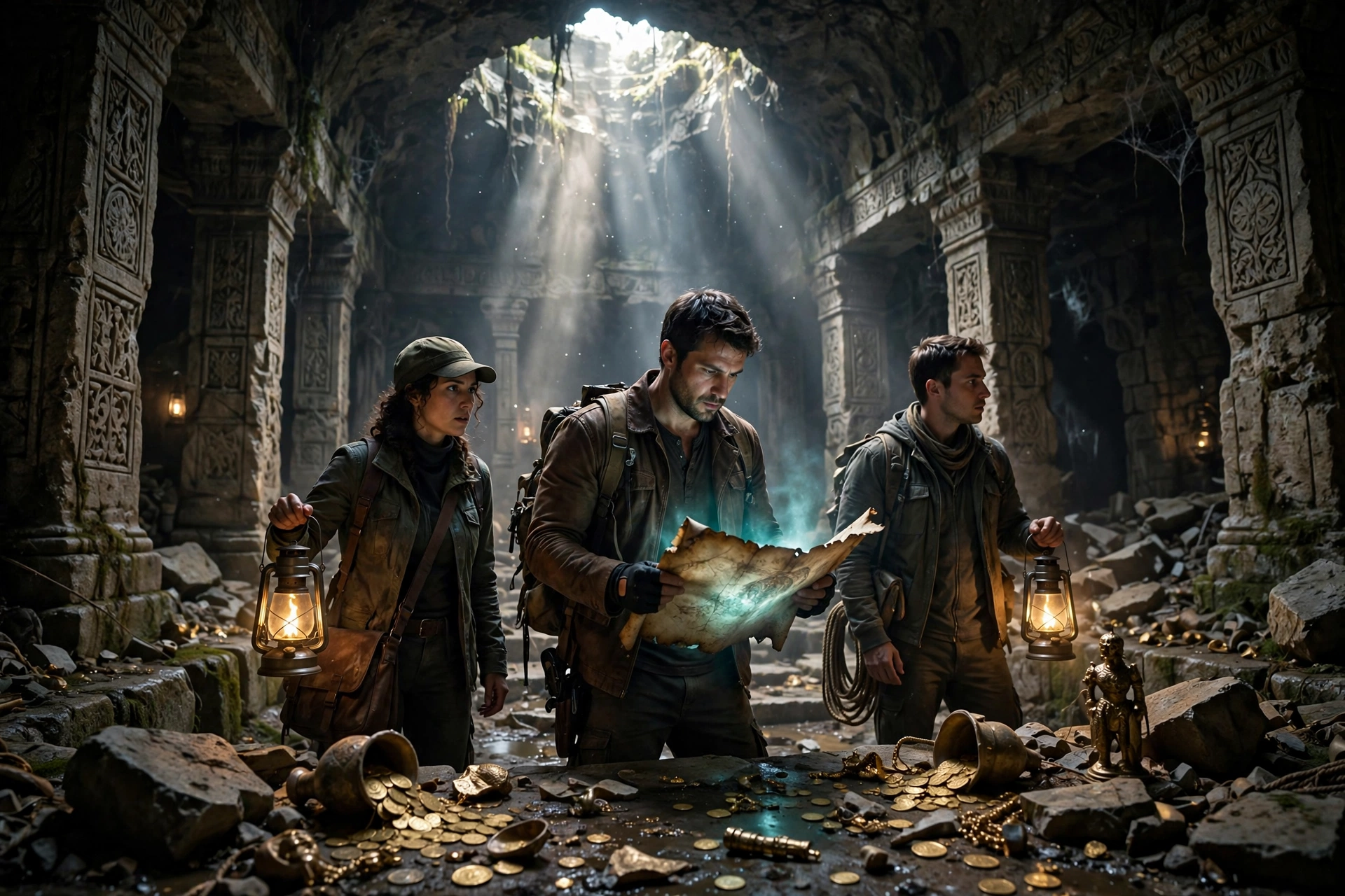 Money Trap The Karun Treasure artwork showing fictional treasure hunters exploring an ancient underground Istanbul labyrinth with lanterns and a glowing treasure map
