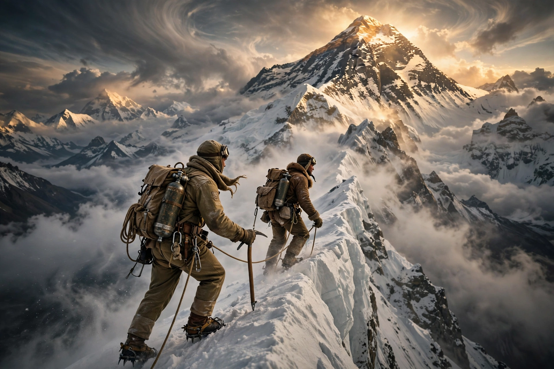 Tenzing Apple TV film artwork showing two 1950s climbers on an Everest ridge during the historic 1953 expedition