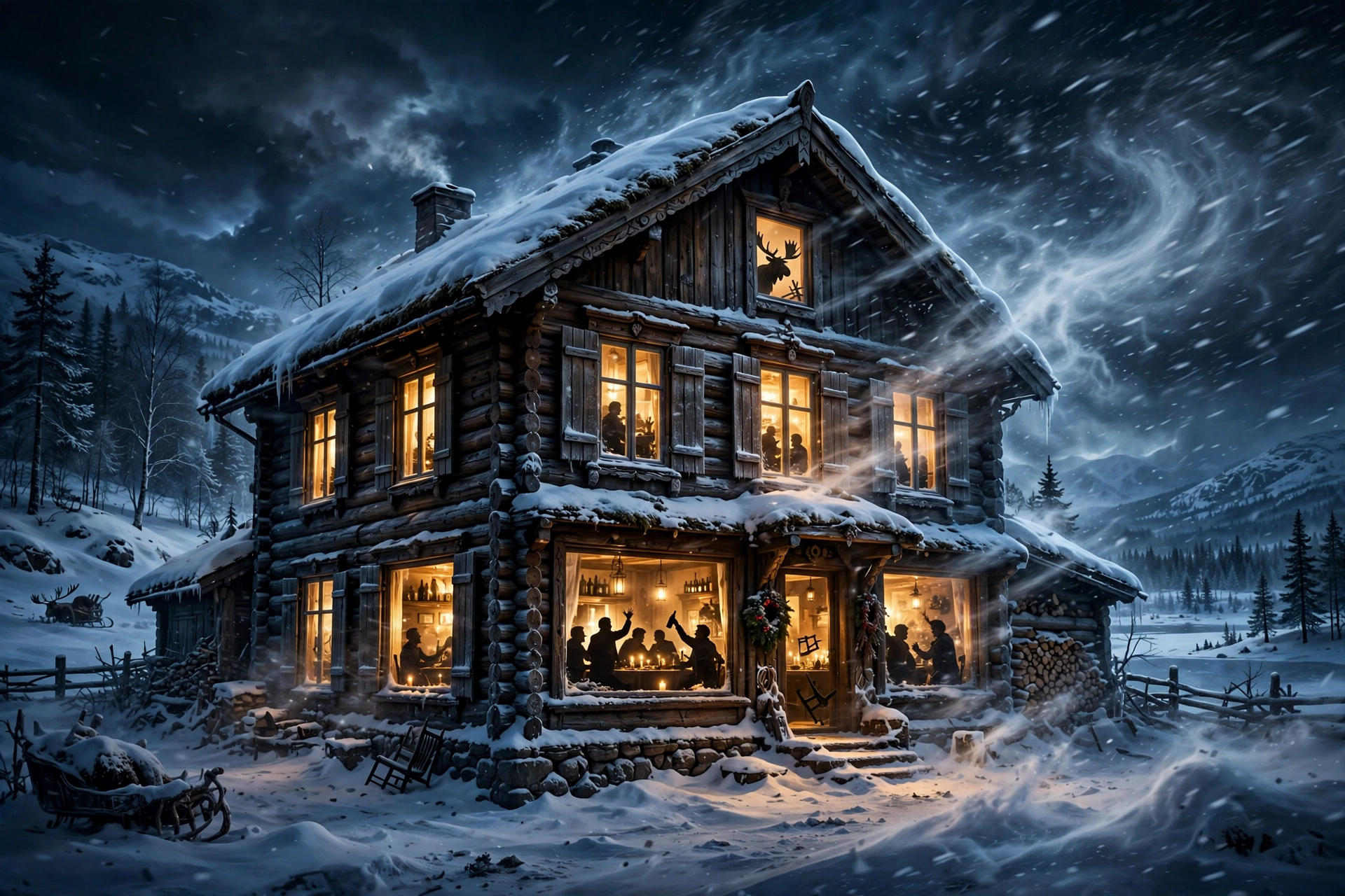 The Storm Netflix key art — snowy Swedish farmhouse estate at night during a violent storm