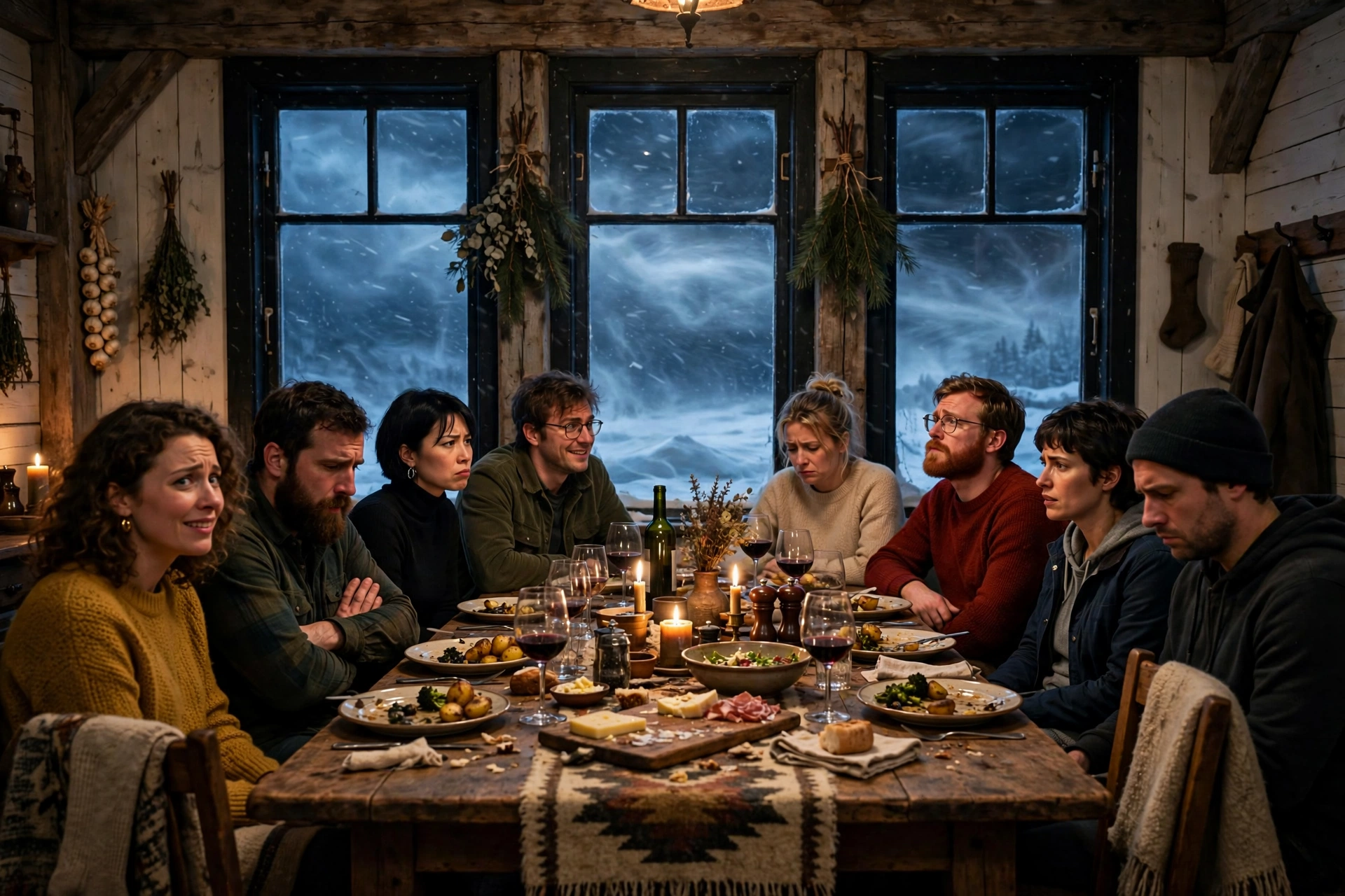 The Storm Netflix film scene — friends around a dinner table in a Swedish farmhouse as a snowstorm rages outside