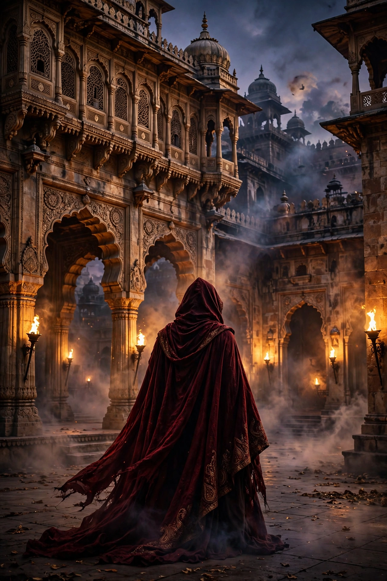 The Traitors Telugu key art — hooded cloak figure in a royal Indian palace courtyard at dusk