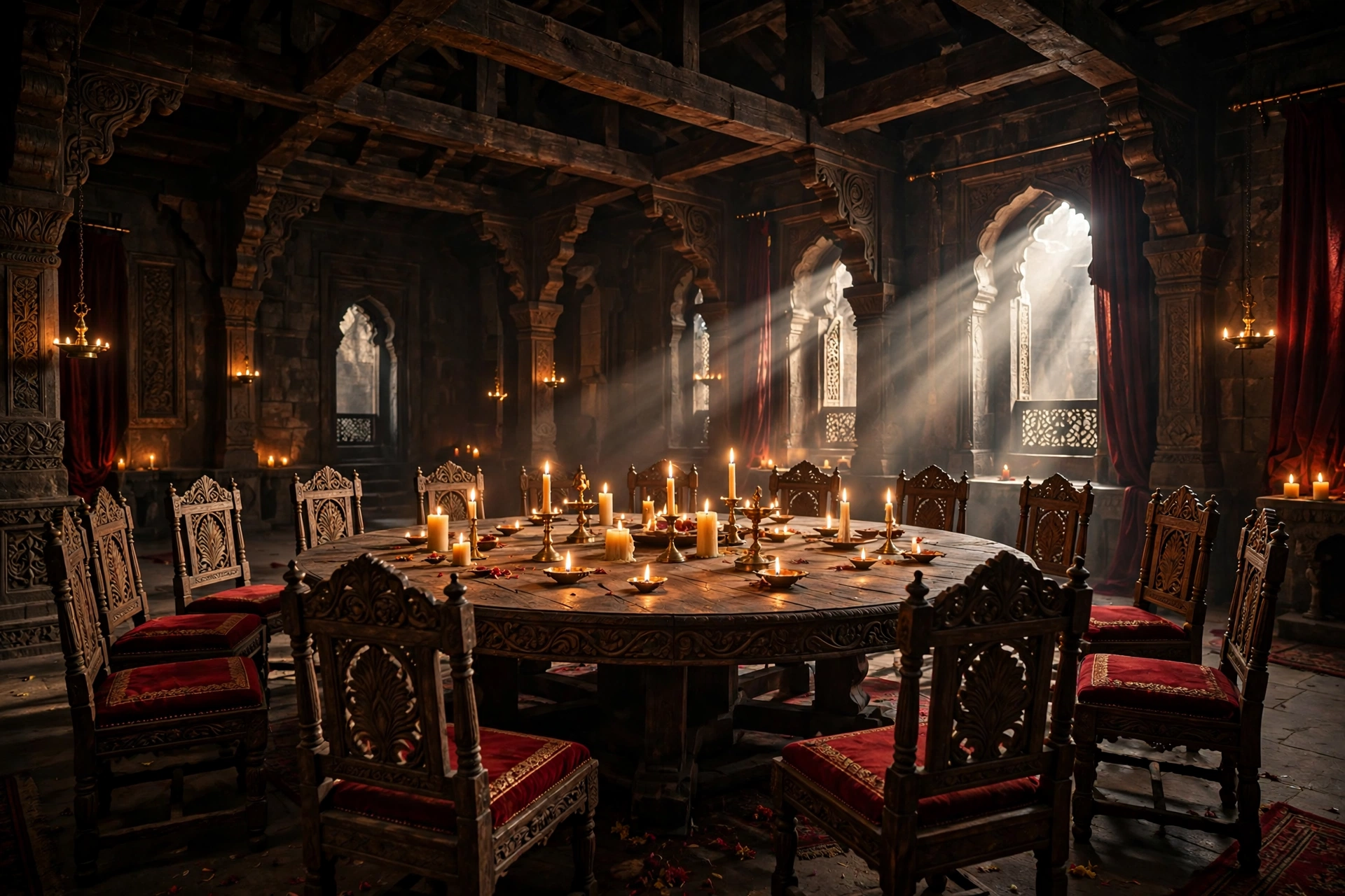 The Traitors Telugu roundtable — candle-lit palace hall where contestants vote